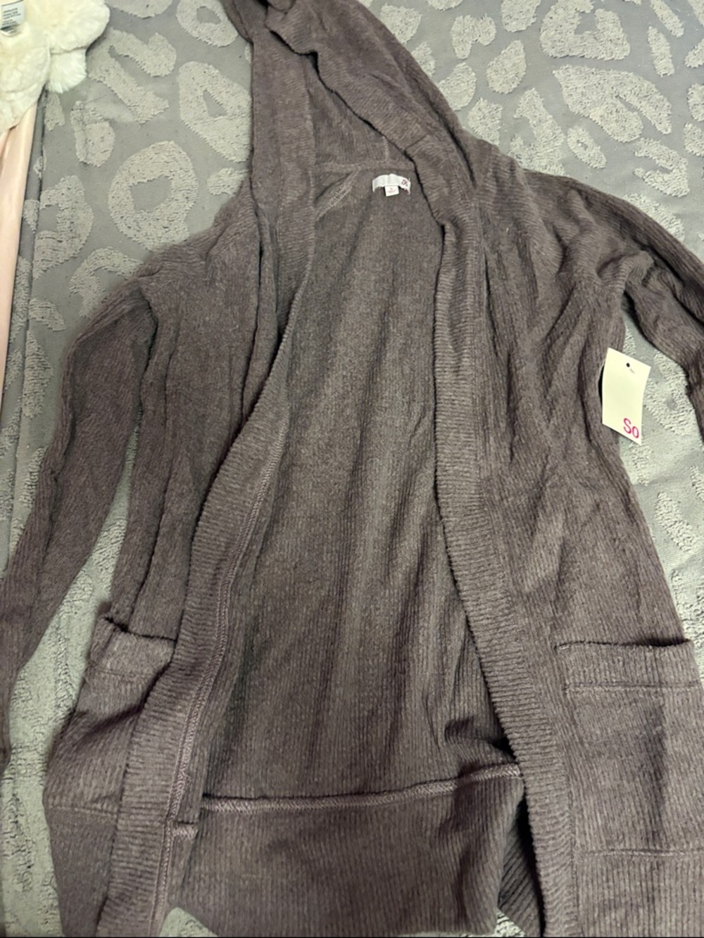 SO Hooded Open-Front Cardigan in Mauve Gray